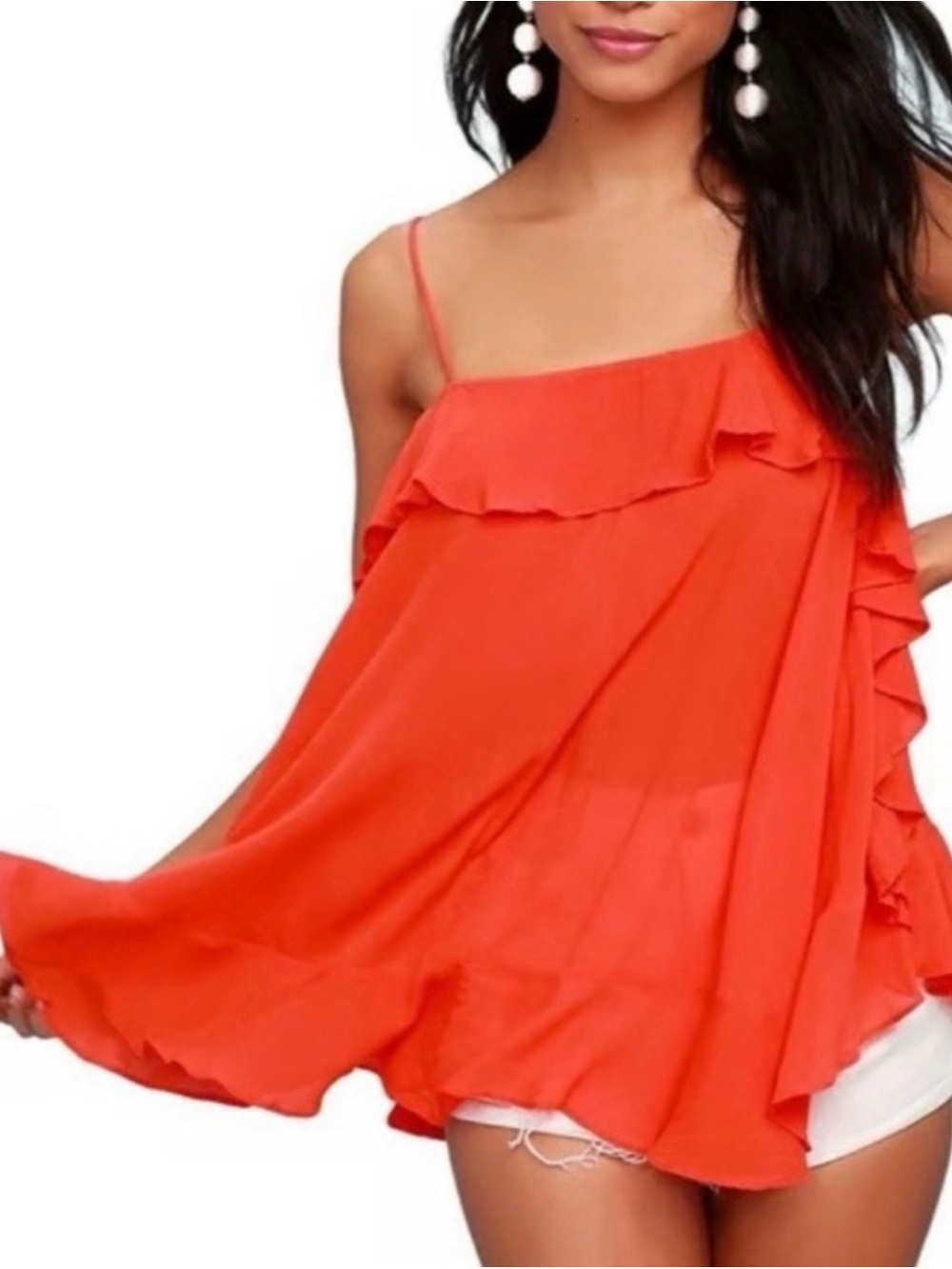 Free People Coral One-Shoulder Ruffle Camisole